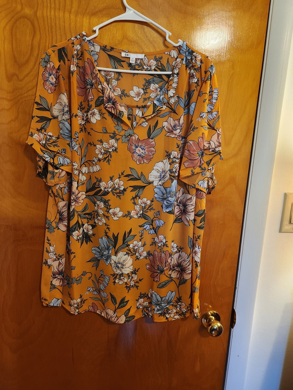 DR2 Mustard Floral V-Neck Flutter Sleeve Blouse